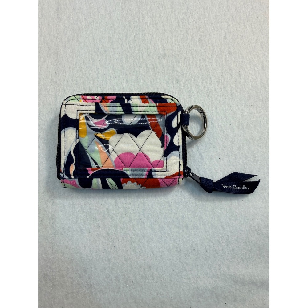 Vera Bradley Floral Quilted Zip Around ID Case Wallet Keychain Navy Pink